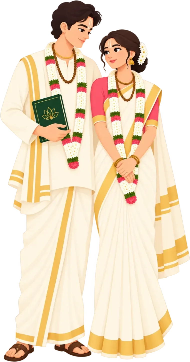 An illustration of a devotee couple in white and gold, wearing flower garlands, the groom holding a Bhagavad-gita.