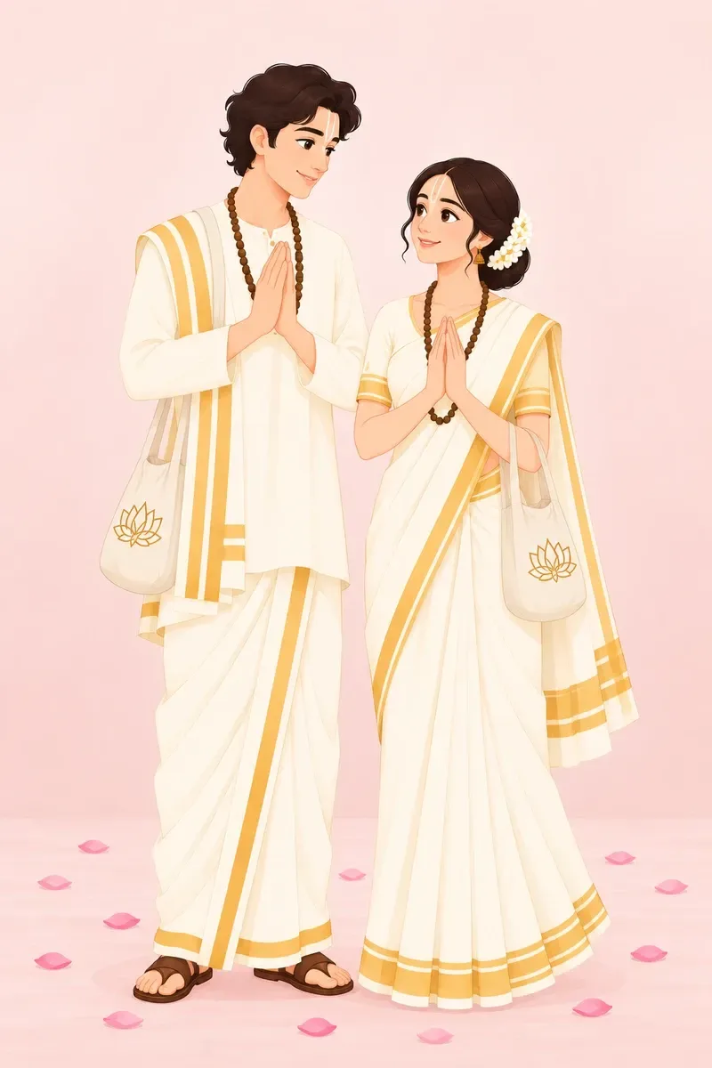An illustration of a devotee couple with their palms joined in greeting.